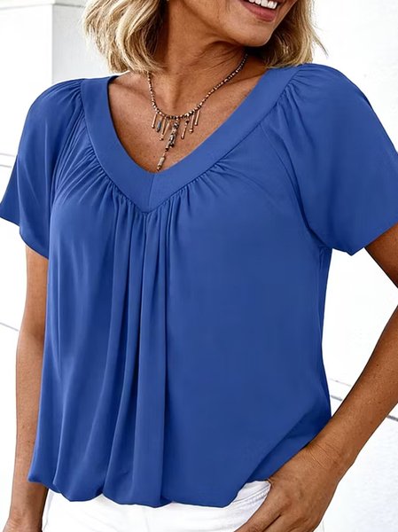 Women Plain Short Sleeve Tee T-shirt V Neck Casual Summer Top