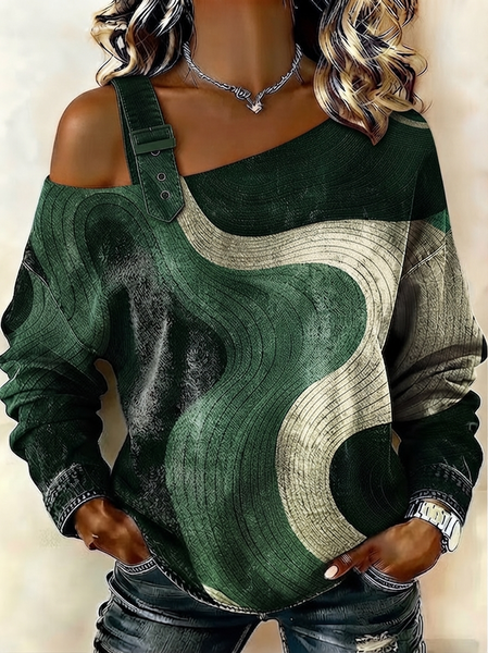 Women Geometric Asymmetrical Buckle Casual Spring/Fall Long Sleeve Sweatshirt