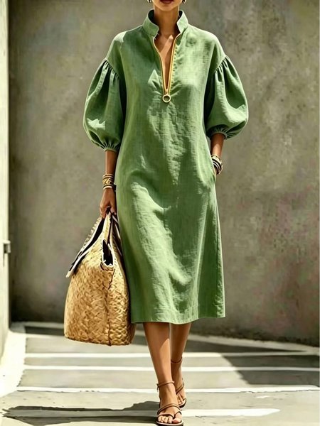 Cotton And Linen Casual Plain Zipper Stand Collar Midi Dress