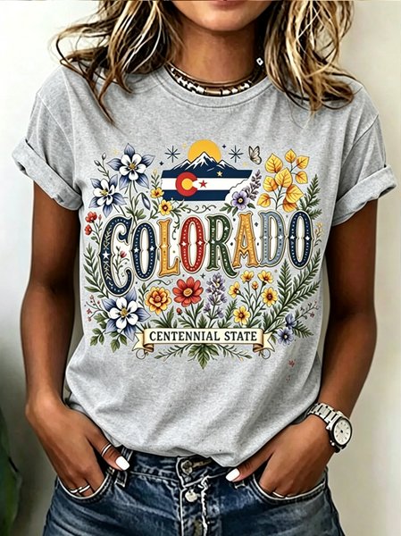 

Women Floral Short Sleeve Tee T-shirt Crew Neck Casual Summer Top, Gray, T-Shirts