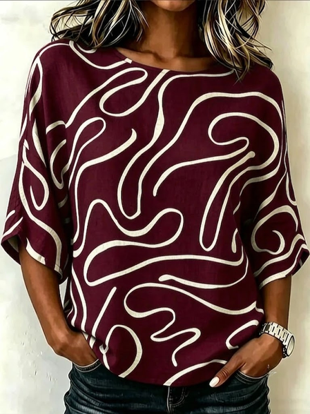 Crew Neck Half Sleeve Abstract Graphic Regular Loose Blouse For Women