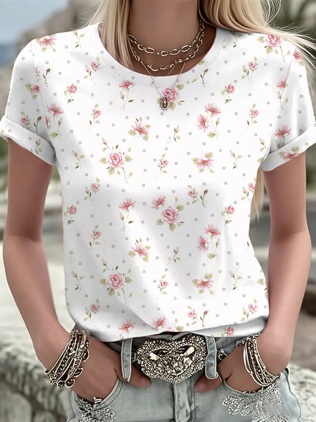 

Women Floral Short Sleeve Tee T-shirt Crew Neck Printing Casual Graphic Tee Summer Top, White, T-Shirts