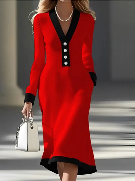 Women Plain Long Sleeve V Neck Dress Party Casual Midi Sweater A-Line Spring/Fall Dress
