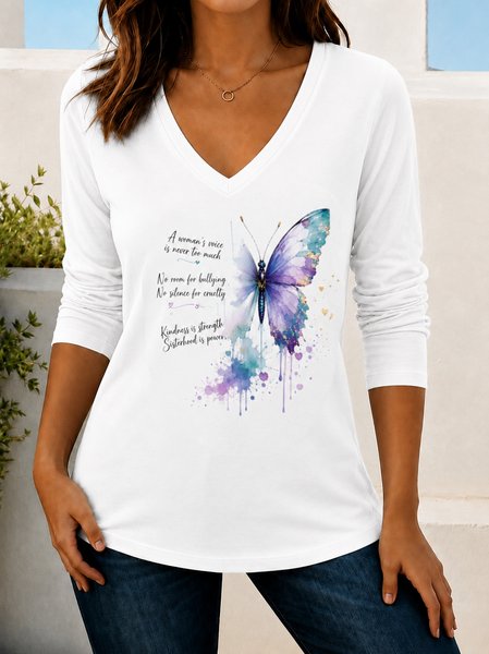 Women Text Letters Long Sleeve Tee T-shirt V Neck Printing Casual Spring/Fall Top