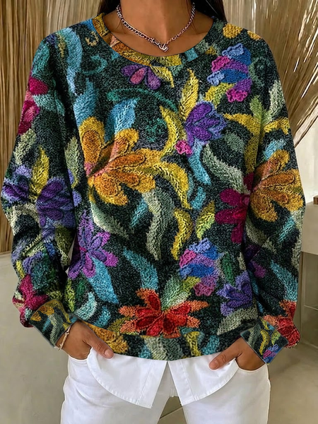 Women Floral Crew Neck Printing Casual Spring/Fall Long Sleeve Sweatshirt