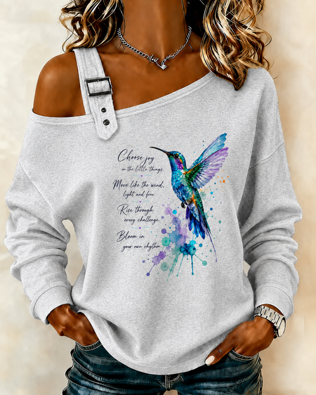 Women Text Letters Asymmetrical Buckle Casual Spring/Fall Long Sleeve Sweatshirt