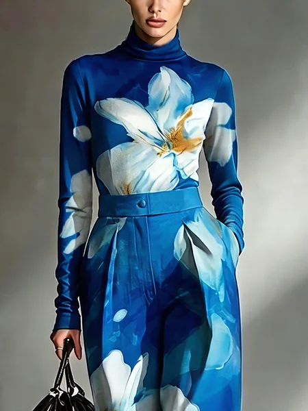 Elegant Floral Printing Mock Neck T-shirt