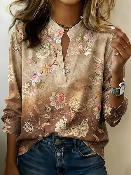 Women Floral V Neck Long Sleeve Blouse Printing Vintage Daily Spring/Fall Top