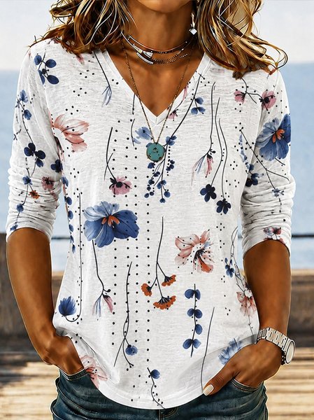 Women Floral Long Sleeve Tee T-shirt V Neck Casual Spring/Fall Top