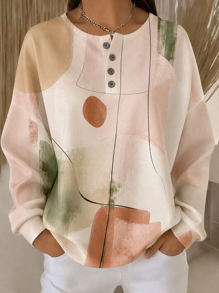 Women Abstract Graphic Henley Collar Casual Spring/Fall Long Sleeve Sweatshirt