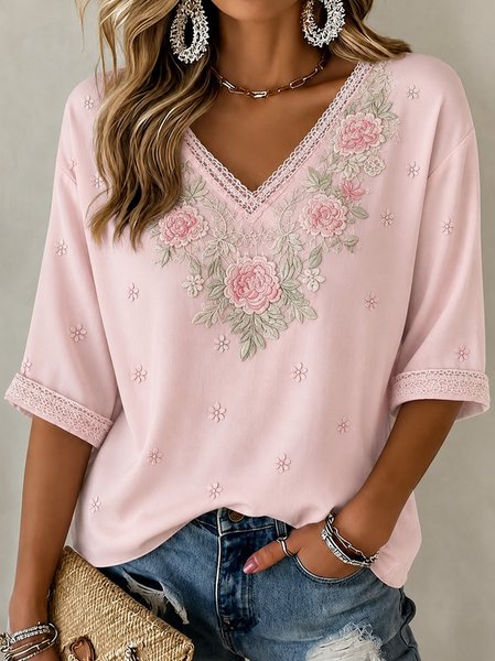 Women Floral Half Sleeve Tee T-shirt V Neck Vintage Summer Top