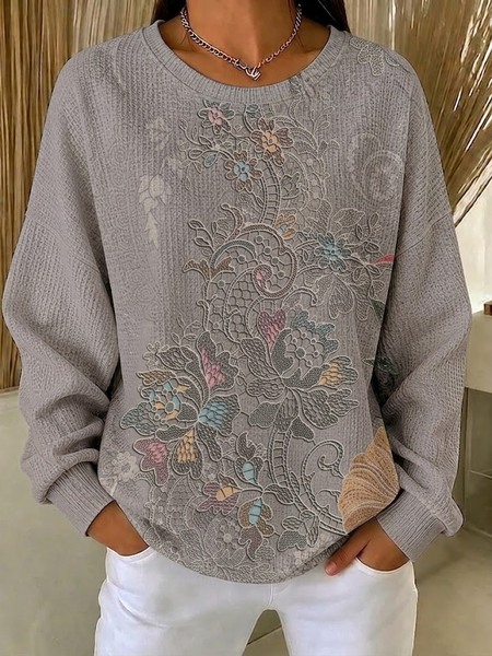 Women Floral Crew Neck Printing Casual Spring/Fall Long Sleeve Sweatshirt
