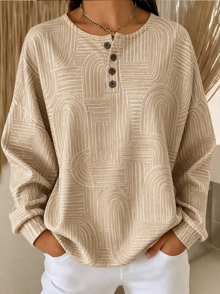 Women Geometric Henley Collar Casual Spring/Fall Long Sleeve Sweatshirt