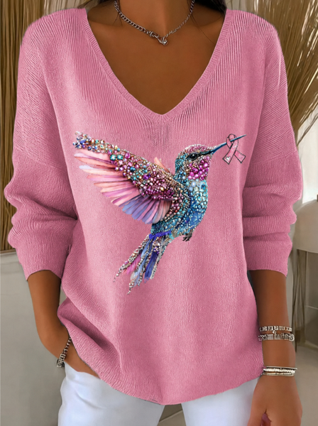 Women Geometric Casual Long Sleeve V Neck Cotton Spring/Fall Sweater