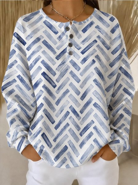 Women Geometric Henley Collar Casual Spring/Fall Long Sleeve Sweatshirt