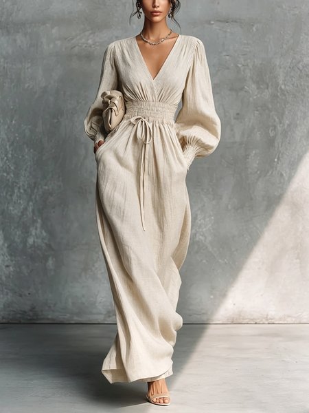 Cotton And Linen Elegant Plain Scramble V Neck Maxi Dress Cotton And Linen Elegant Plain Scramble V Neck Maxi Dress