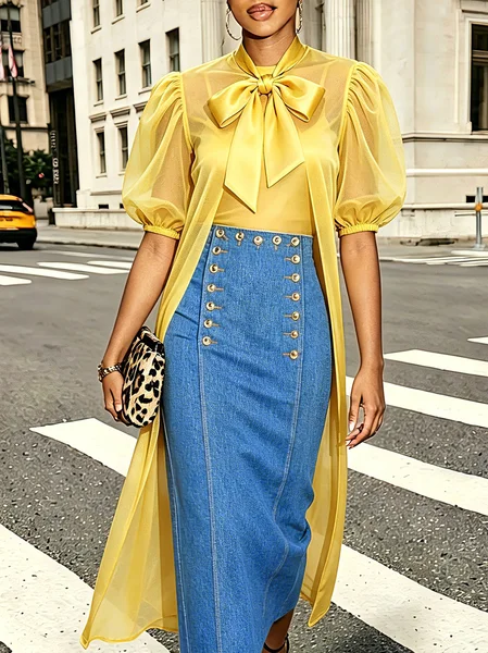 Urban Plain Bow Tie Neck Blouse