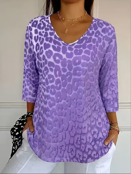 Casual Leopard V Neck Three Quarter Sleeve T-shirt
