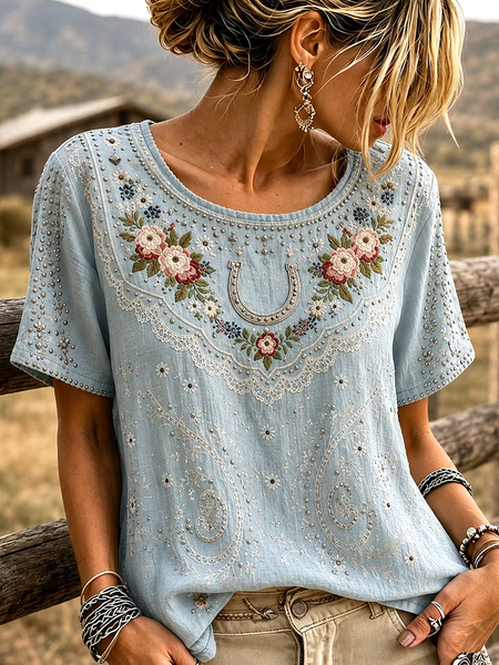 Women Floral Short Sleeve Tee T-shirt Crew Neck Casual Summer Top