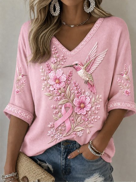 Women Floral Half Sleeve Tee T-shirt V Neck Vintage Summer Top