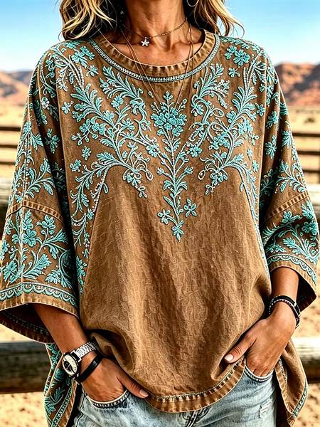 Women Floral Half Sleeve Tee T-shirt Crew Neck Vintage Summer Top