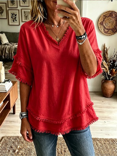 Women Plain V Neck Half Sleeve Blouse Casual Daily Summer Top