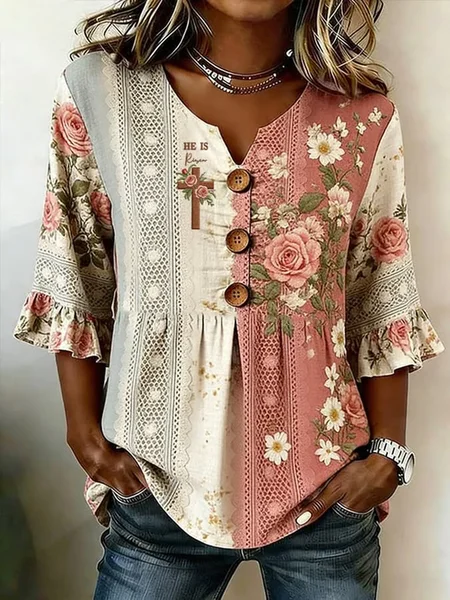 Women Floral V Neck Half Sleeve Blouse Printing Vintage Daily Summer Top