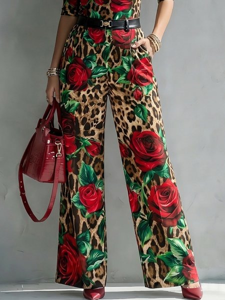 Elegant Leopard Floral Printing Wide Leg Pants