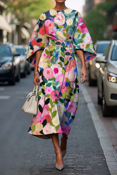 Women Floral Spring/Fall Dress Crew Neck Three Quarter Sleeve A-Line Dress