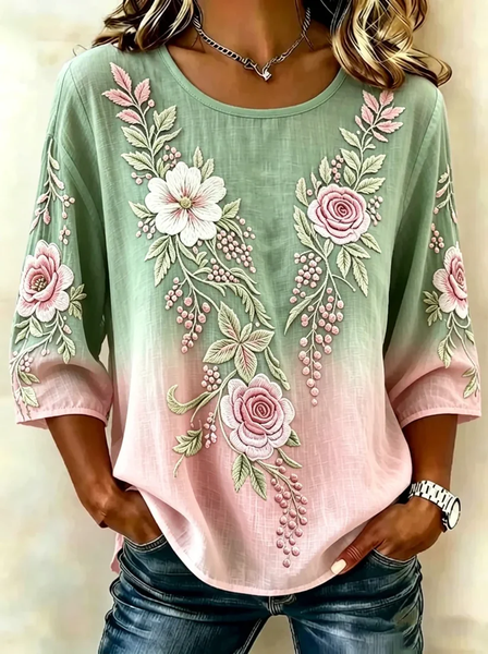Women Floral Crew Neck Half Sleeve Blouse Printing Vintage Daily Summer Top