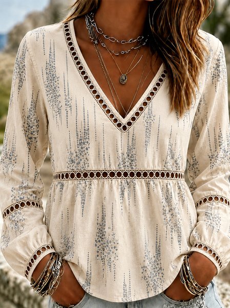 Vintage Geometric V Neck Long Sleeve T-shirt