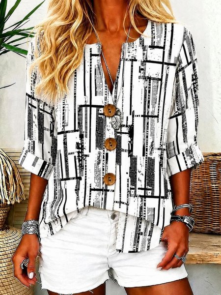Women Abstract Graphic Stand Collar Three Quarter Sleeve Shirt Vintage Daily Spring/Fall Top