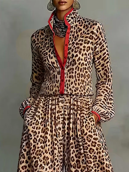 Urban Leopard Print Contrast Red Trim Stand Collar Loose Shirt