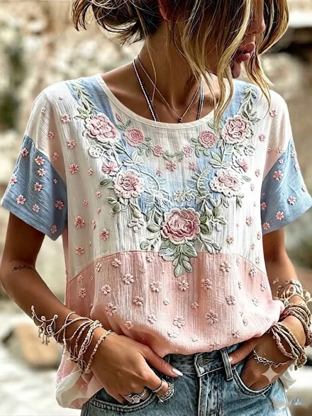 Women Floral Short Sleeve Tee T-shirt Crew Neck Printing Casual Graphic Tee Summer Top