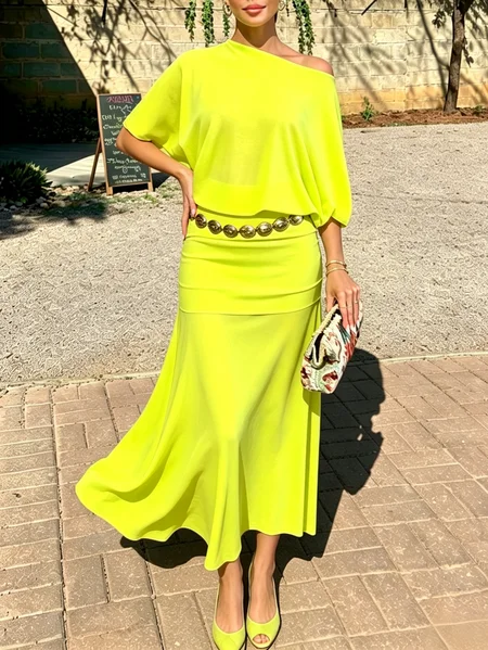 Elegant Plain Cold Shoulder Maxi Dress No Belt