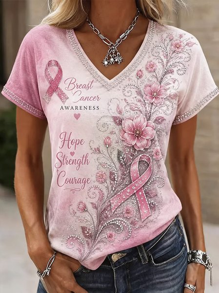 

Casual Floral V Neck Short Sleeve T-shirt, Pink, T-shirts