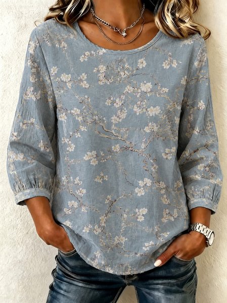 Women Floral Crew Neck Half Sleeve Blouse Casual Daily Summer Top