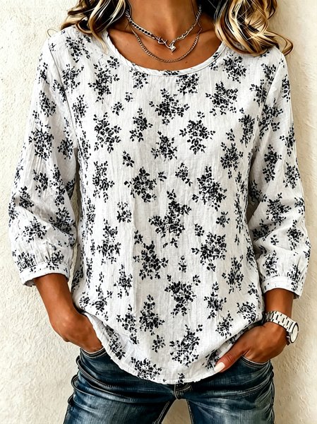 Women Floral Crew Neck Half Sleeve Blouse Casual Daily Summer Top