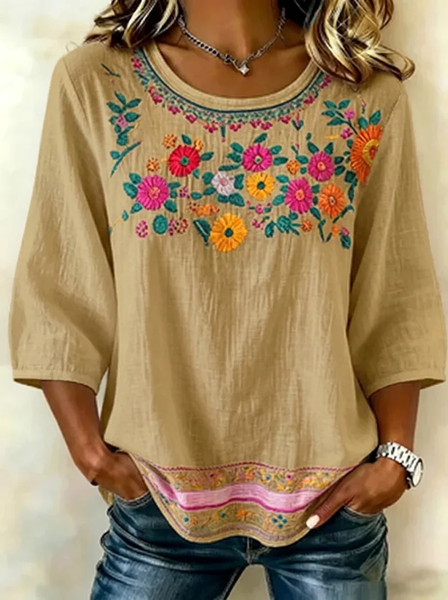 Women Floral Crew Neck Half Sleeve Blouse Printing Vintage Daily Summer Top