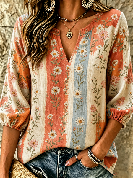 V Neck Three Quarter Sleeve Floral Printing Lightweight Micro-Elasticity Loose Blouse For Women