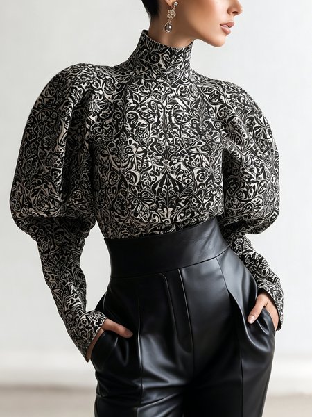 Urban Random Print Printing Stand Collar Puff Sleeve Blouse 1 Urban Random Print Printing Stand Collar Puff Sleeve Blouse