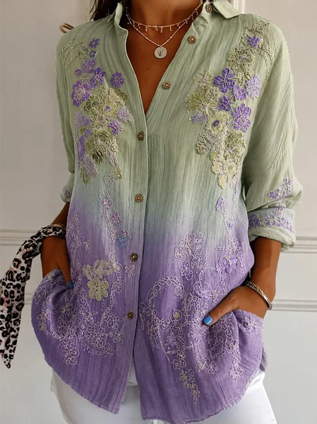 Shirt Collar Long Sleeve Floral Regular Micro-Elasticity Loose Shirt For Women