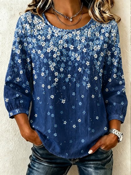 Women Floral Crew Neck Half Sleeve Blouse Casual Daily Summer Top