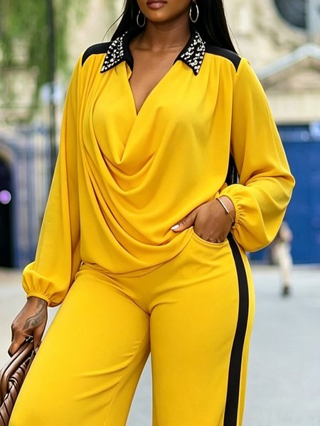 Elegant Color Block Split Joint Cowl Neck Blouse 1 Elegant Color Block Split Joint Cowl Neck Blouse