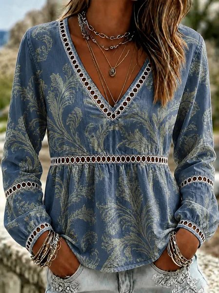 Vintage Leaf V Neck Long Sleeve T-shirt