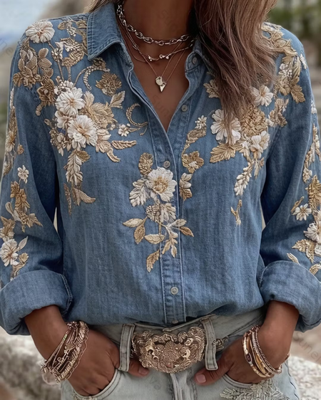 Women Floral Shirt Collar Long Sleeve Shirt Buckle Casual Daily Spring/Fall Top