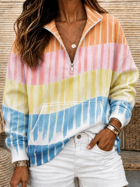 Women Geometric Half Open Collar Casual Spring/Fall Long Sleeve Sweatshirt