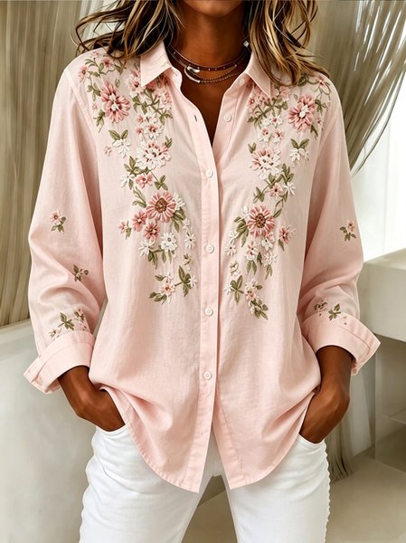

Shawl Collar Long Sleeve Floral Lightweight Regular Fit Shirt For Women, Pink, Shirts