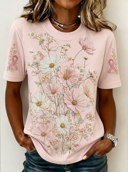 Women Floral Short Sleeve Tee T-shirt Crew Neck Casual Summer Top