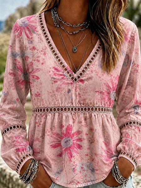 Women Floral Long Sleeve Tee T-shirt V Neck Vintage Spring/Fall Top